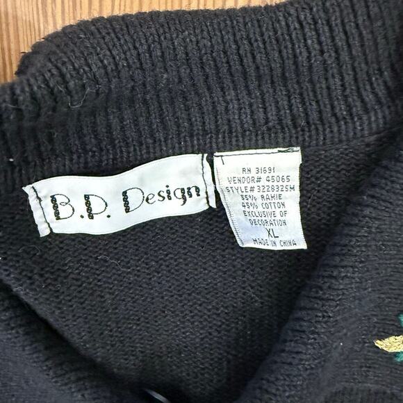 BP Design‎ Vintage Christmas Cardigan Collared Beaded Stocking Black XL Cotton - Picture 3 of 6